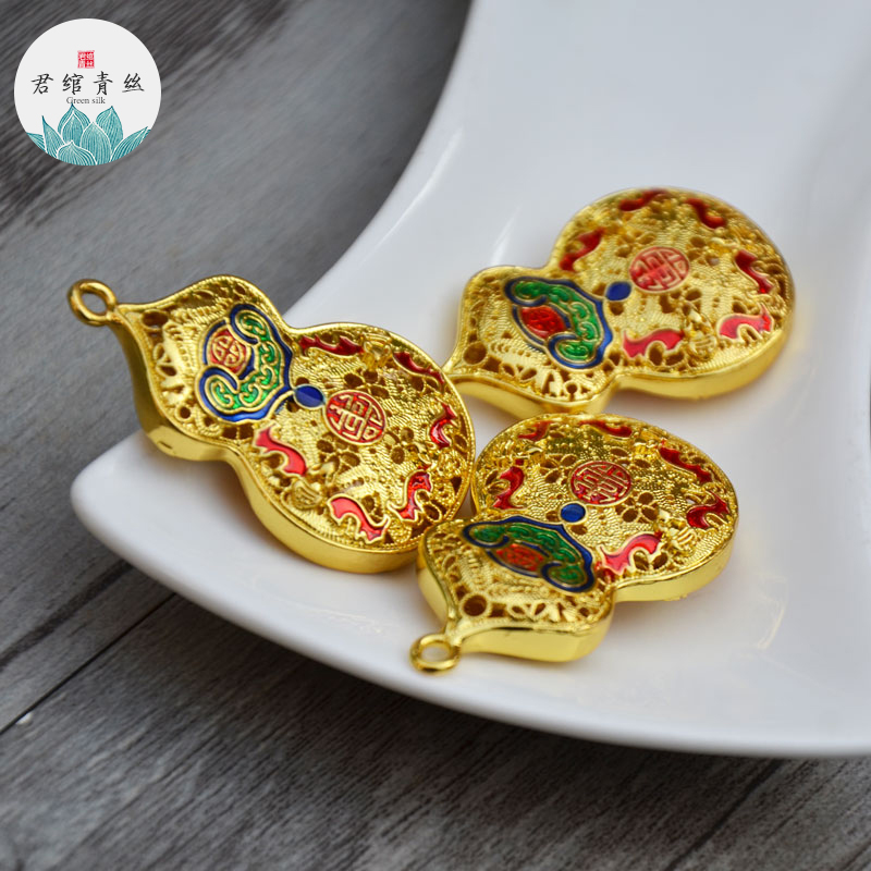 君绾青丝纯铜镀金仿烧蓝吊坠手工花丝镶嵌福禄葫芦坠汉服璎珞diy