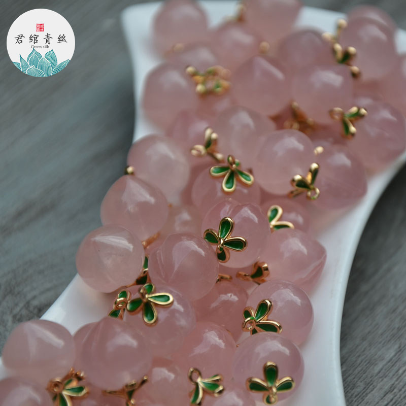 君绾青丝纯天然粉晶吊坠手工雕刻桃子镶嵌烧蓝叶子项链耳坠材料