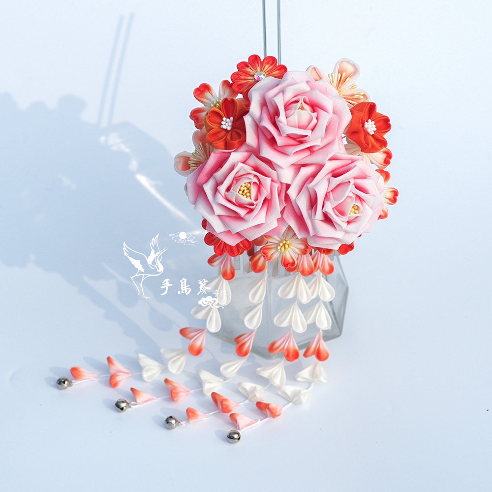 日本和服浴衣和风发簪/发饰/配饰/头饰/花簪  橘粉色 玫瑰 蔷薇