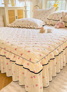 新品加厚夹棉床裙单件床罩床盖防滑纯水洗棉三件套花边遮丑床笠罩