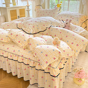 新款夹棉床裙四件套公主风纯棉床罩遮丑下摆加厚床笠床单四季通用