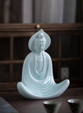 陶瓷白瓷粉青摆件供奉家用阿弥陀佛观音佛像茶空间装饰自在观音