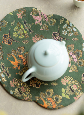 知舍瑞彩玄鸟纹织锦壶承茶垫中式复古宫廷手工双层海棠如意隔热垫