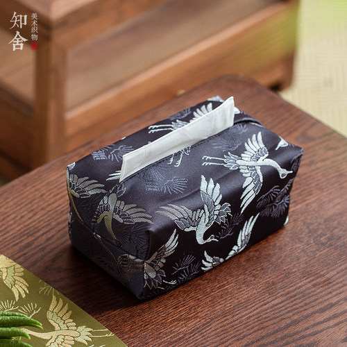 知舍松鹤抽纸盒茶桌客厅车载原创 新中式 布复古抽纸袋收纳包
