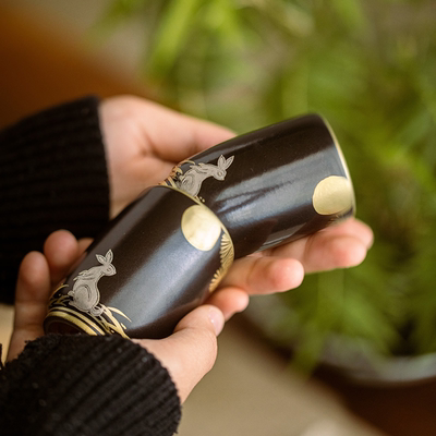 景德镇FST山楂红玄黑金绘主人杯闻香杯粗陶手工杯中式手绘描金