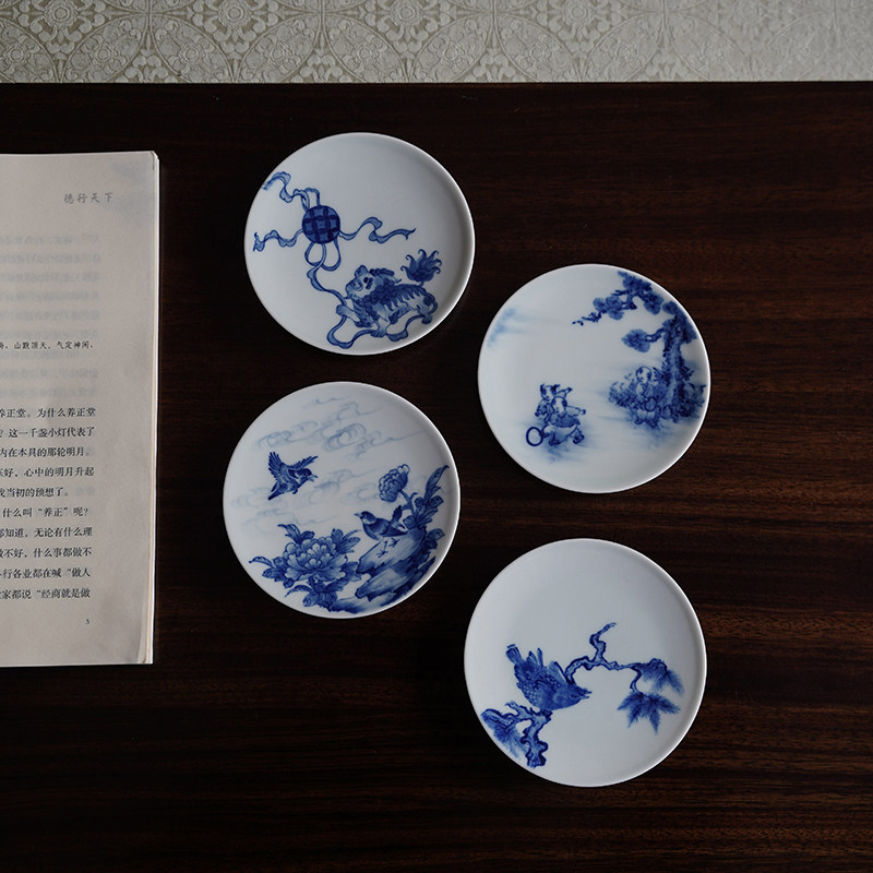 禄意窑景德镇纯手工釉下彩青花瓷手绘仿古杯垫高档人物花鸟茶空间