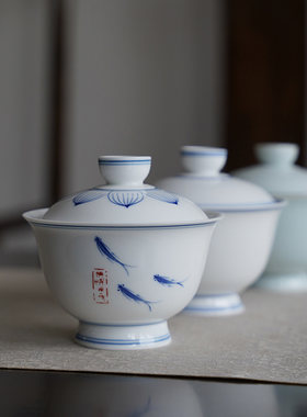 纯手绘釉下彩盖碗青莲双线粉青白陶瓷手工家用功夫茶具白瓷碗中式