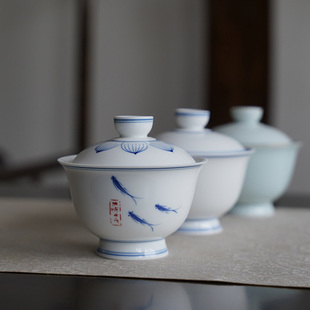 纯手绘釉下彩盖碗青莲双线粉青白陶瓷手工家用功夫茶具白瓷碗中式