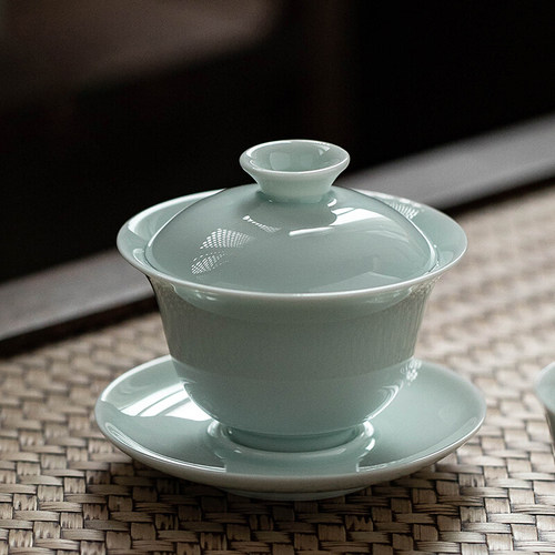 影青三才盖碗茶杯单个家用功夫茶具防烫薄胎泡茶碗白瓷手绘套组