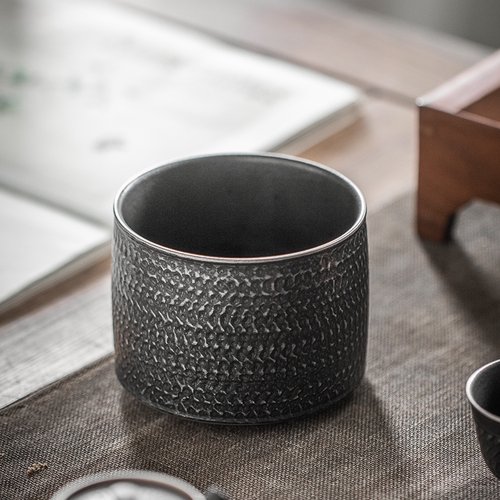 玄黑描银建水茶室功夫茶具大茶洗茶渣缸复古禅意中式陶瓷个性水盂