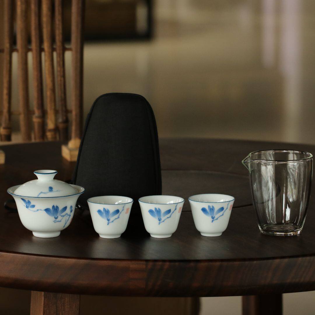 甜白瓷茶具手绘竹子旅行套装便携包中式白瓷盖碗泡茶公道杯釉下彩