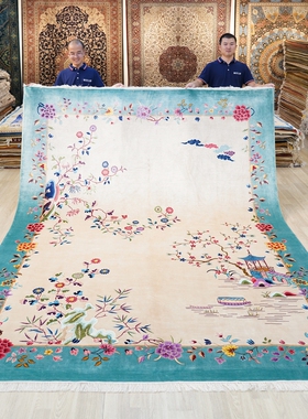 天匠手工真丝地毯中式客厅别墅手工地毯米绿蓬船流水图244x305cm