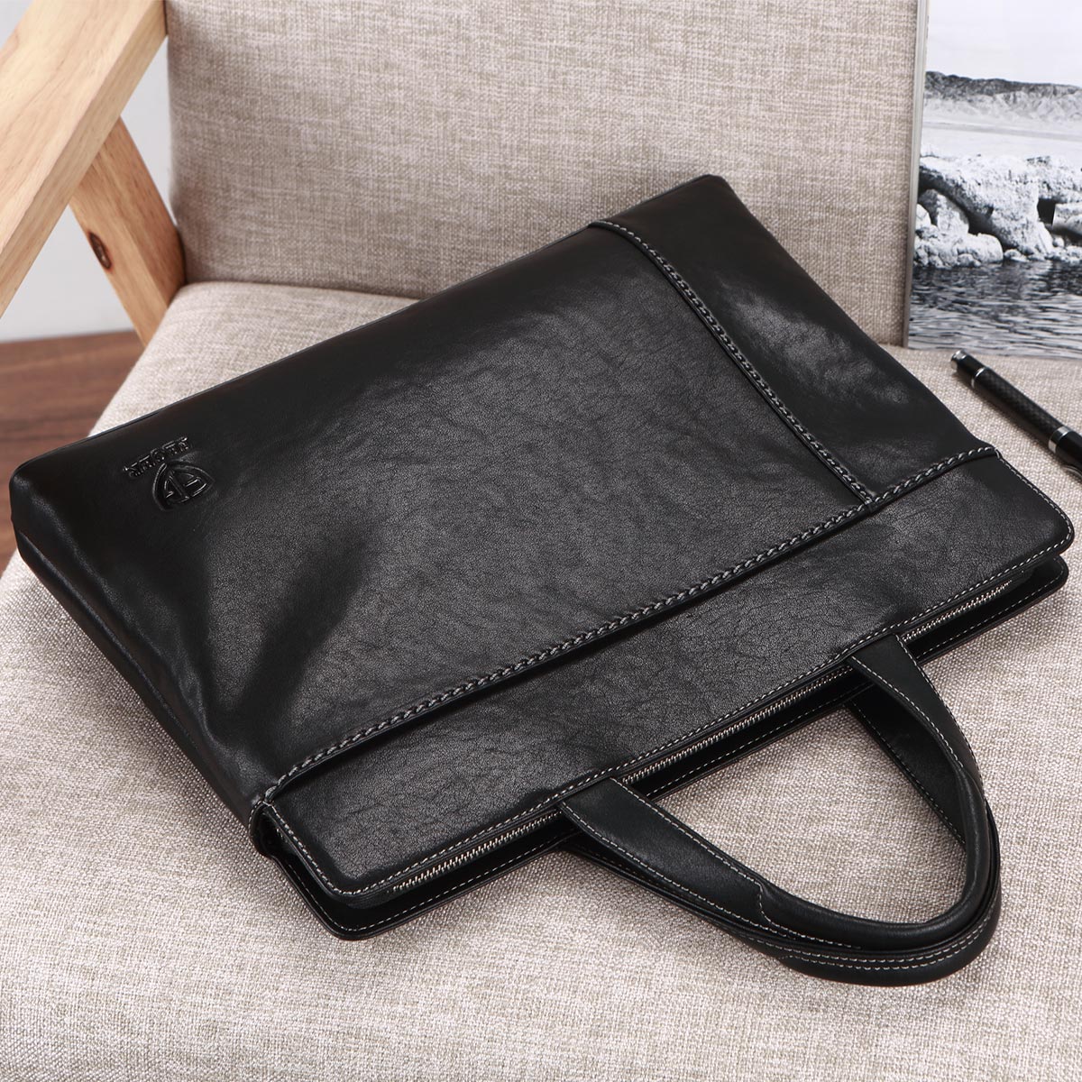 斐格手提包男士横款手拿商务公文包时尚皮包包休闲真皮电脑包男包