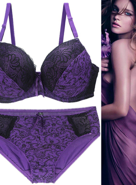 紫色特大码EF杯胖MM200斤薄款文胸套装 聚拢调整性感新款内衣100F