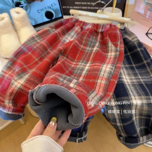 儿童加绒裤子一体绒男童女童宝宝加厚保暖裤秋冬格子洋气百搭长裤
