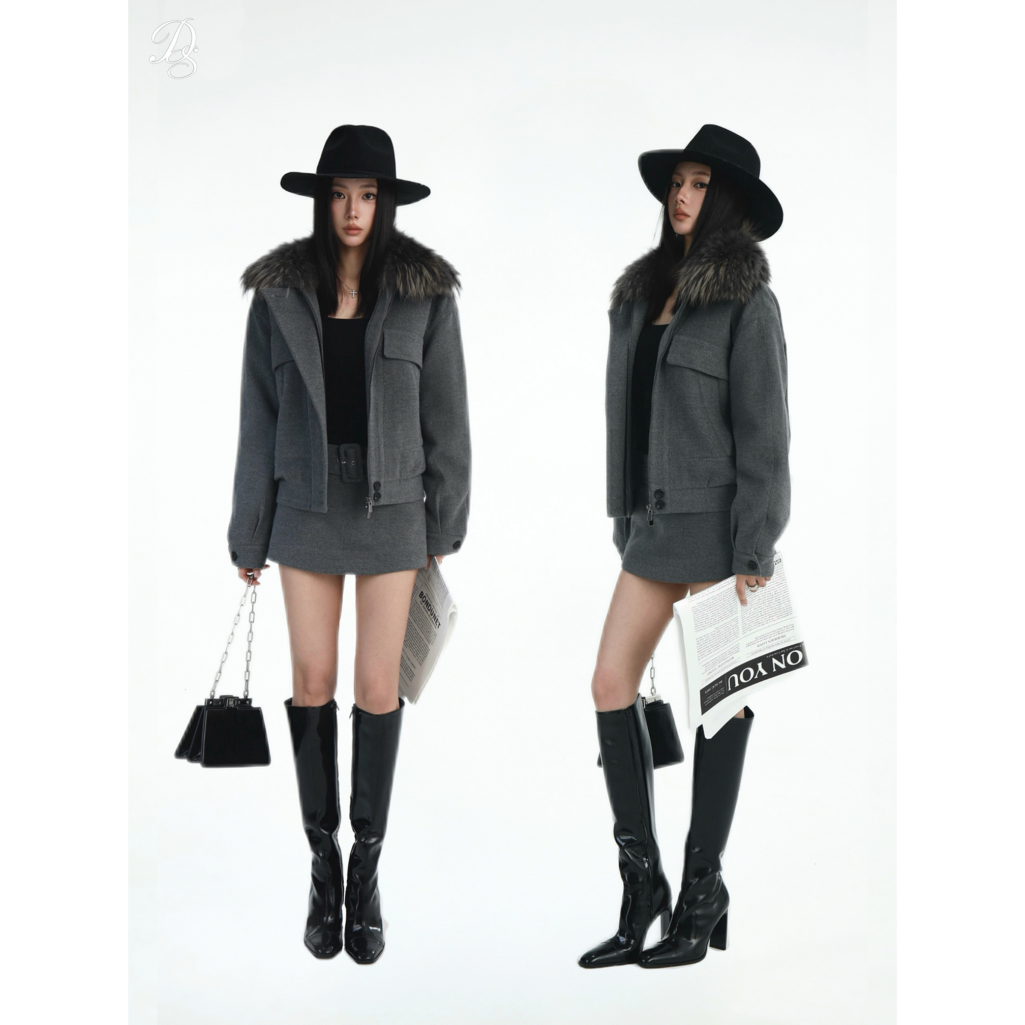 限量Dailyshero*grey tone 90白鹅绒&羊毛大毛领外套&羊毛裙裤