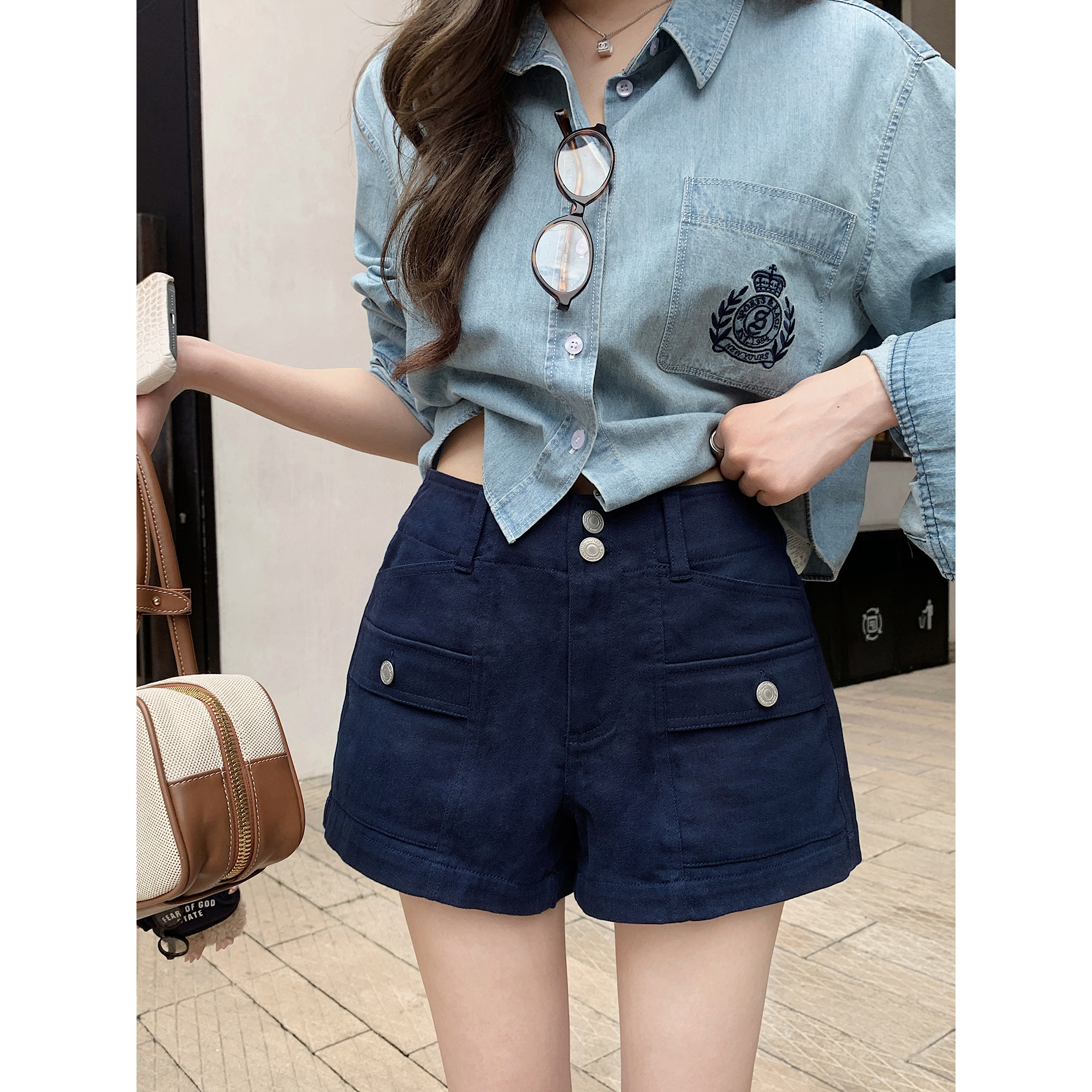 现货【Bella街区】玩味野心家—自带腔调feel口袋藏蓝色工装短裤