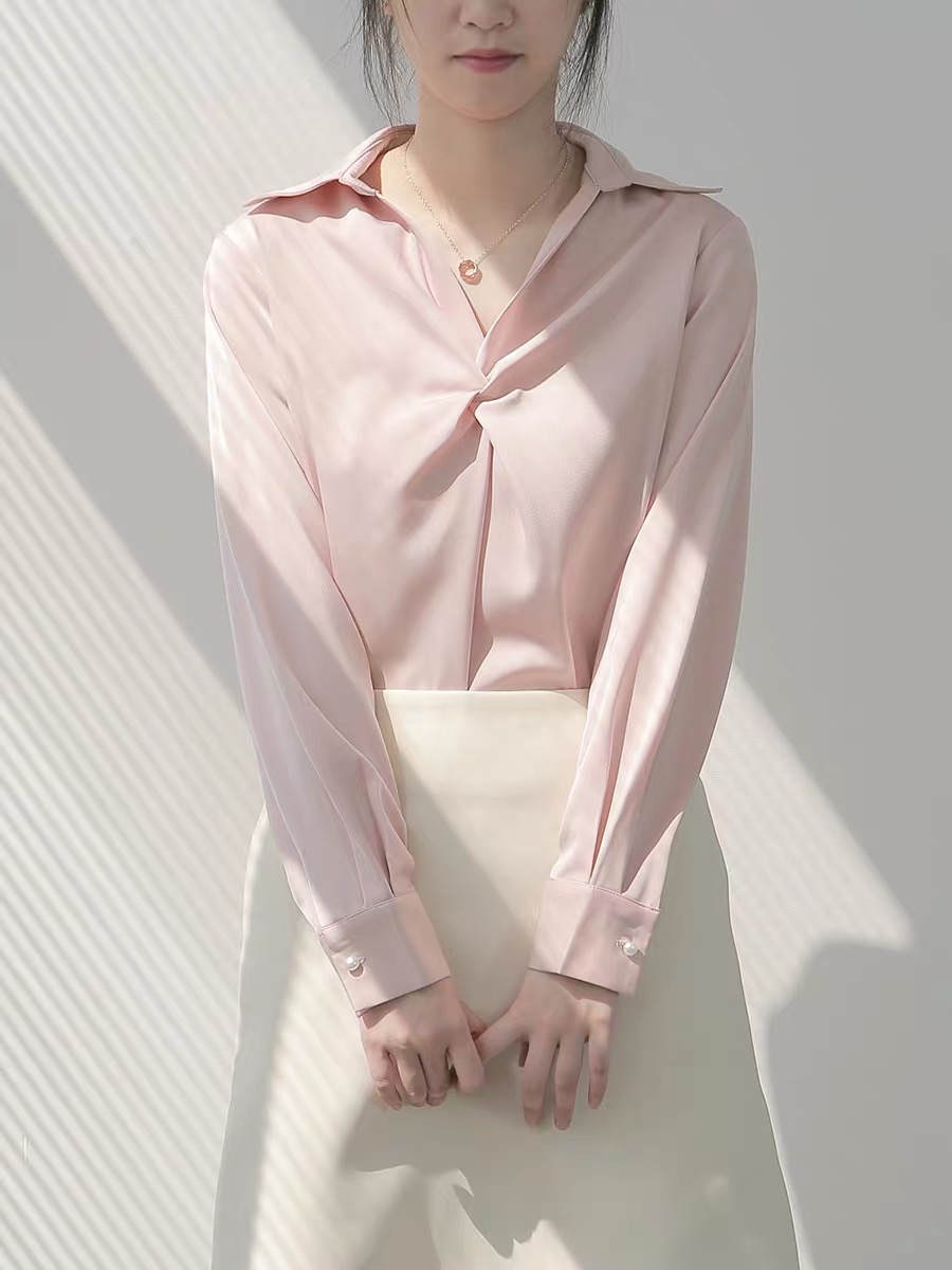 Pink drape shirt women's design minority light ripe small Hong Kong Style satin style top