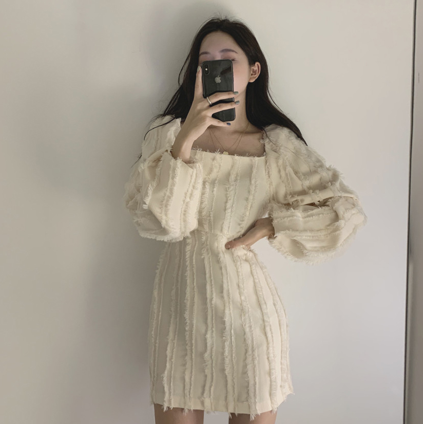 South Korea chic sexy square neck bubble sleeve slim slim dress