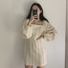 South Korea chic sexy square neck bubble sleeve slim slim dress