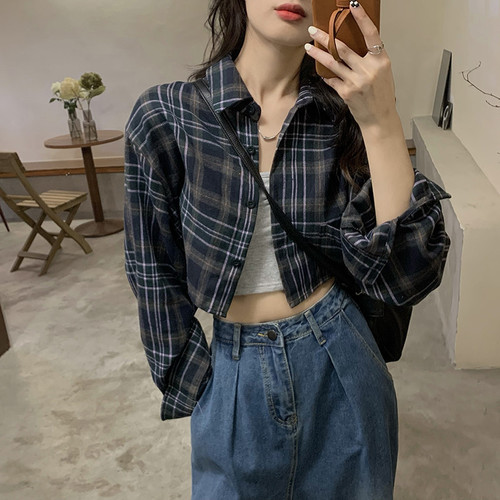 Woven Plaid Long Sleeved Shirt Jacket Women's summer short shirt sunscreen top