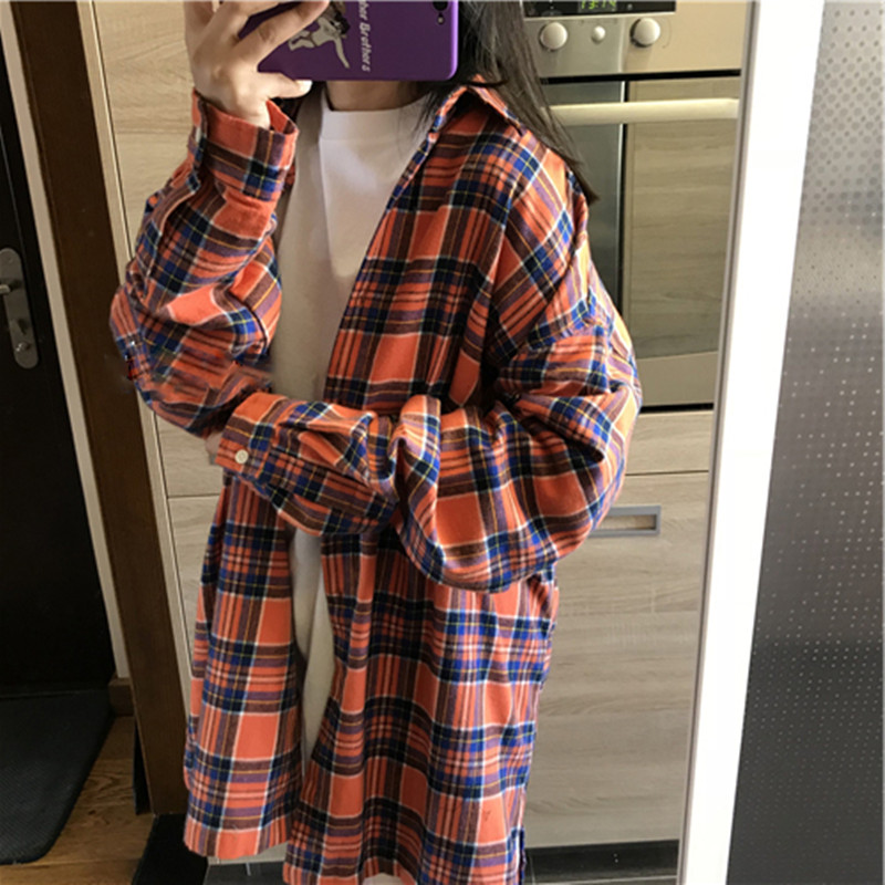 Autumn / winter 2020 new Korean chic retro sweet cut age orange Plaid Shirt loose long sleeve top coat