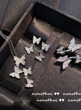 璀璨满钻蝴蝶飞飞多层镶嵌开口戒指镀18K白金关节戒锁骨链