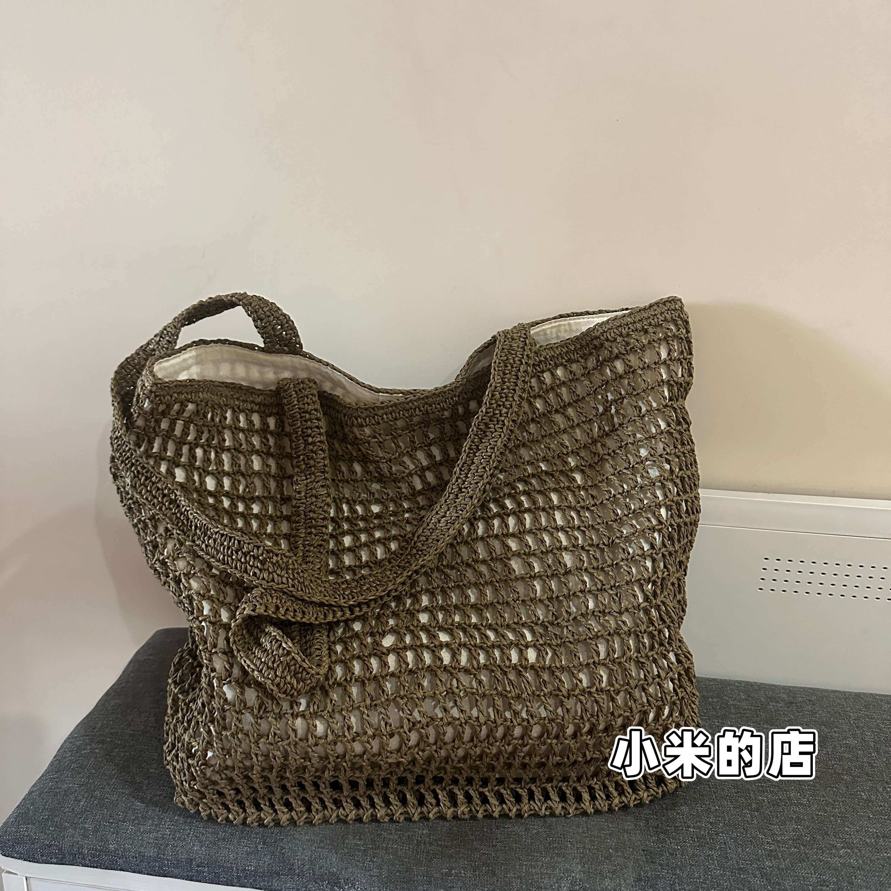 西班牙出口单 休闲女包手工编织包酒椰草大容量网格镂空单肩大包