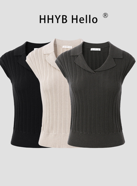 HHYB别来无恙 羊毛轻薄舒适无袖上衣轻奢气质感翻领针织衫M1367