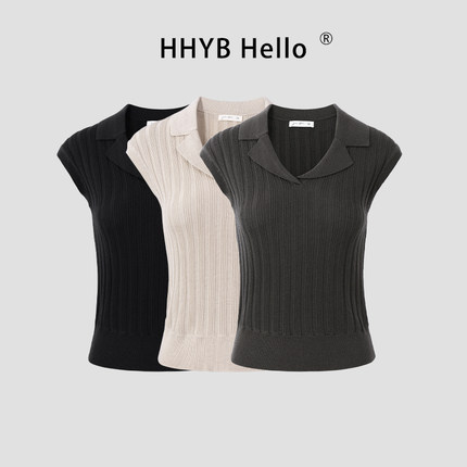 HHYB别来无恙 羊毛轻薄舒适无袖上衣轻奢气质感翻领针织衫M1367