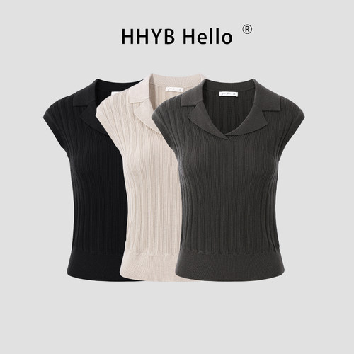 HHYB别来无恙 羊毛轻薄舒适无袖上衣轻奢气质感翻领针织衫M1367