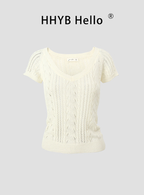 HHYB别来无恙 2025夏新款修身v领镂空微透短袖针织衫T恤上衣M1269