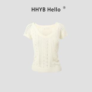 HHYB别来无恙 2025夏新款修身v领镂空微透短袖针织衫T恤上衣M1269