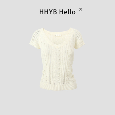 修身v领镂空微透短袖针织衫T恤