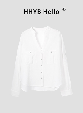 HHYB别来无恙 2025新款简约拼接V领宽松口袋钻扣衬衫上衣252021
