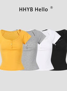 HHYB别来无恙 大V领纽扣短袖T恤2025夏新款御姐轻熟风上衣250391