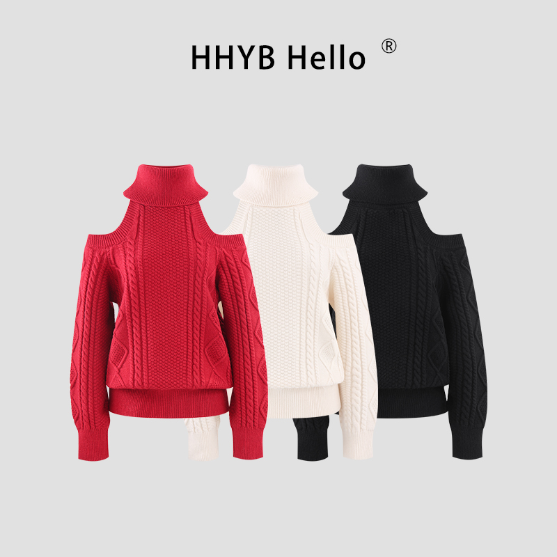 HHYB别来无恙 韩系高领露肩针织毛衣秋2025新款简约显瘦上衣M1723