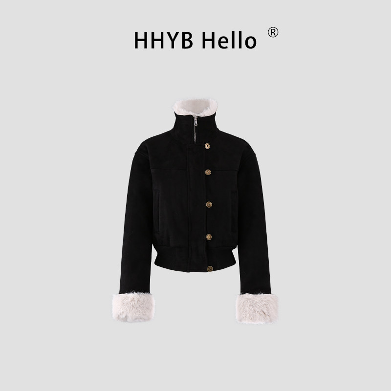 HHYB别来无恙 皮绒感短款修身加厚夹克领计立领毛边外套Q252102