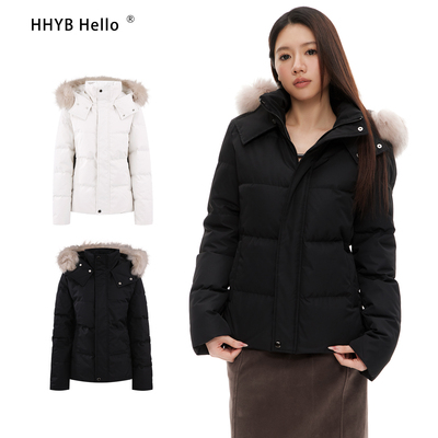 HHYB别来无恙 基础收腰版羽绒服白色修身可拆卸毛领外套Q252087
