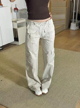 HHYB别来无恙 美式复古多口袋低腰抽绳窄版直筒裤工装长裤Q244130