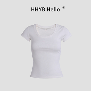 HHYB别来无恙 辣妹低圆领正肩短袖T恤女2025新款显瘦上衣250103