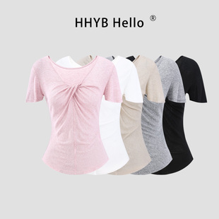 HHYB别来无恙 韩系扭结V领短袖T恤女夏季修身显瘦百搭上衣260227