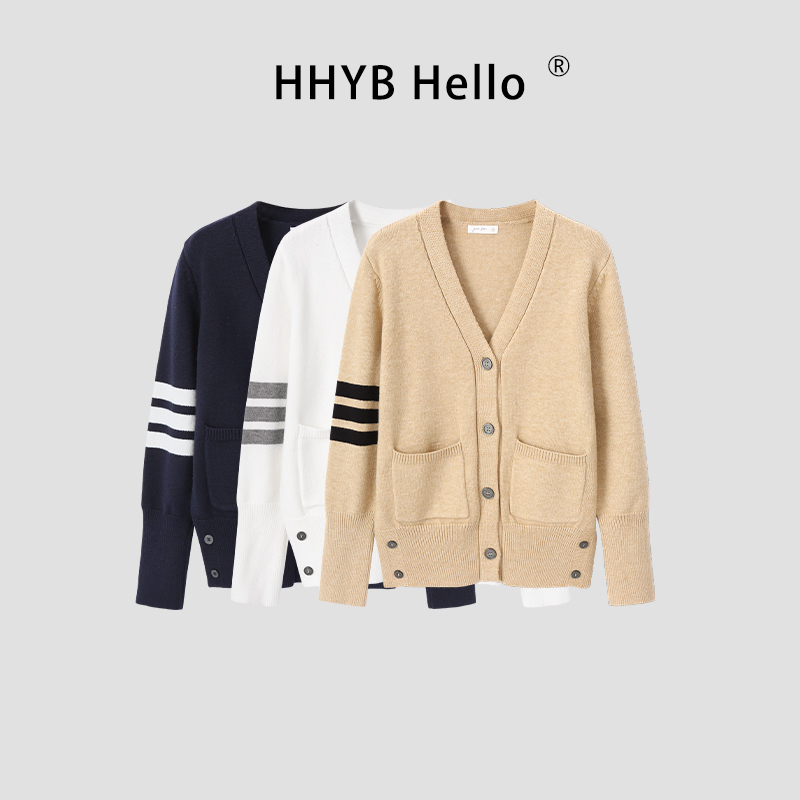 HHYB别来无恙 撞色针织开衫女上衣2025秋冬宽松口袋毛衣外套M1415