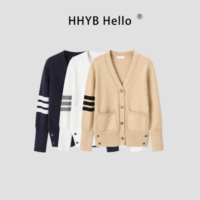 HHYB别来无恙 撞色针织开衫女上衣2025秋冬宽松口袋毛衣外套M1415