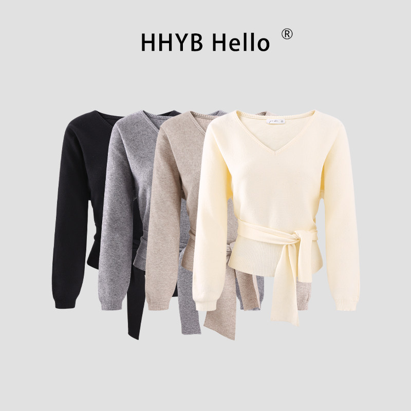 HHYB别来无恙 气质V领毛针织衫时尚百搭显瘦系带长袖上衣女M1602