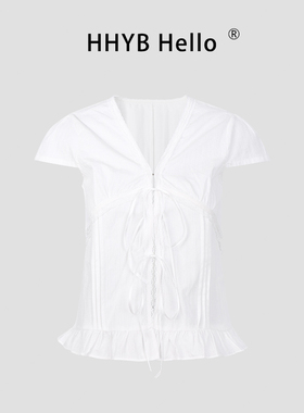 HHYB别来无恙 新款韩系蕾丝花边白衬衫系带蝴蝶结短袖上衣252030