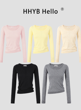 HHYB别来无恙 2025纯色U型领长袖别致感倾斜下摆显瘦针织衫M1200