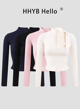 HHYB别来无恙 静奢设计感蝴蝶结绑带打底衫紧身显瘦T恤百搭251009