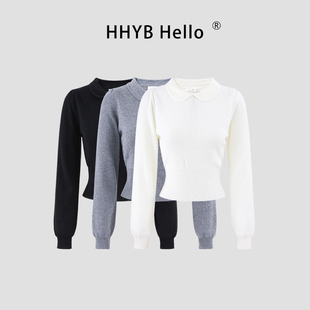 HHYB别来无恙 小娃娃领收腰温柔针织衫女春季新款长袖上衣M1701