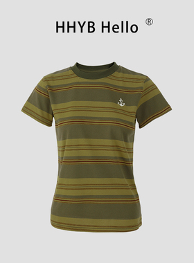 HHYB别来无恙 撞色条纹刺绣正肩显瘦圆领短袖T恤新款上衣女250205